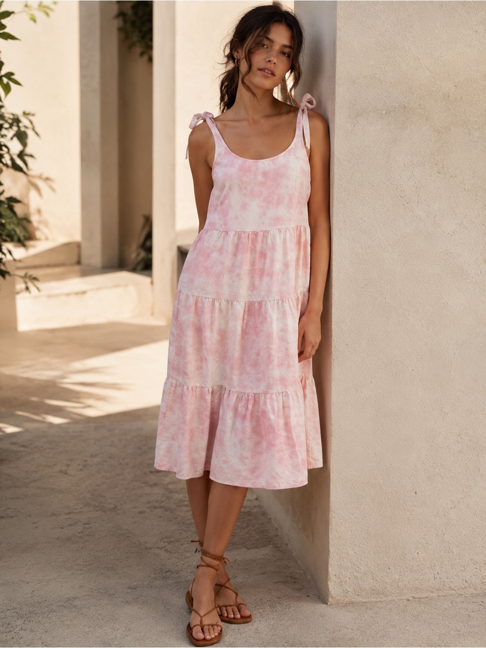 Cotton Linen White and Blush Midi Tiered Dress